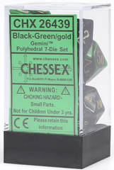 Chessex Dice: 7 Set Polyhedral Gemini Black Green Gold CHX26439